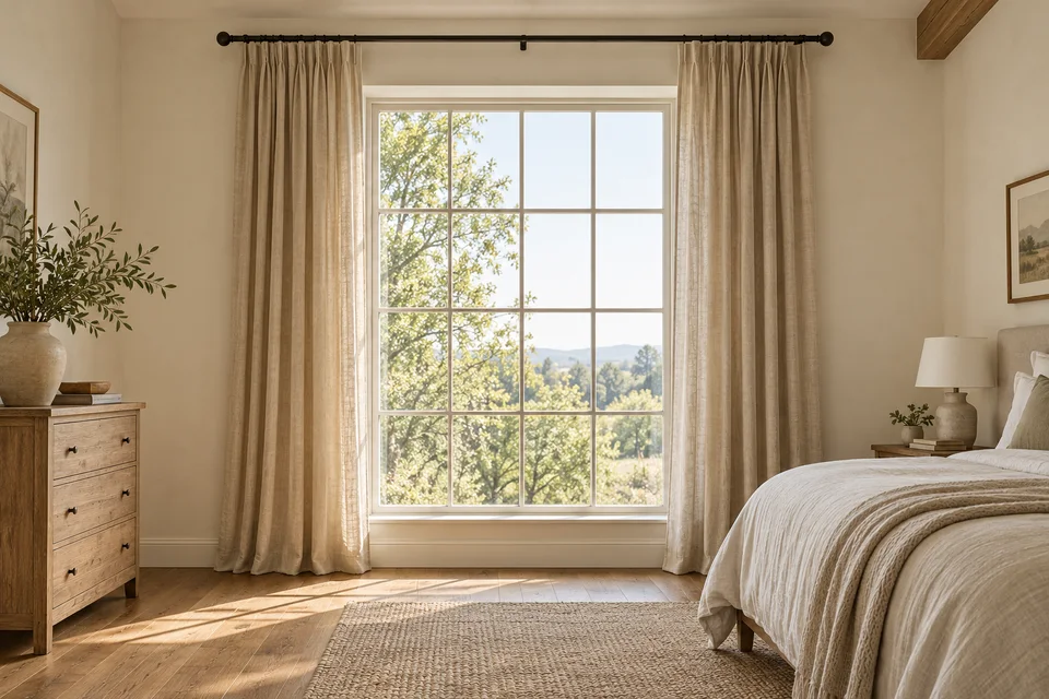 AI-generated bedroom with linen curtains framing a large window.